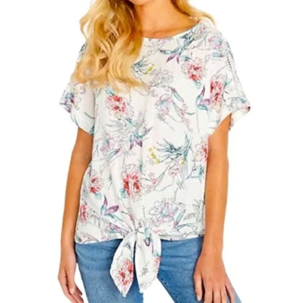 🔹️Buffalo David Bitton White Floral Print Knotted Top Medium